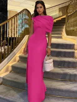 Column Evening Gown Elegant Dress Formal Floor Length Short Sleeve Crew Neck Stretch Crepe with Ruched Shawl
