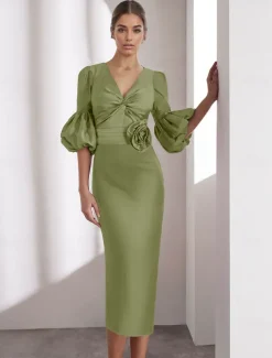 Column Satin Cocktail Dresses Elegant Formal Ankle Length Half Sleeve V Neck Pocket Italy Satin with Glitter Ruched