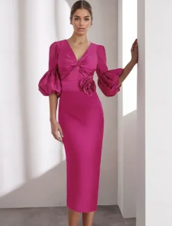 Column Satin Cocktail Dresses Elegant Formal Ankle Length Half Sleeve V Neck Pocket Italy Satin with Glitter Ruched