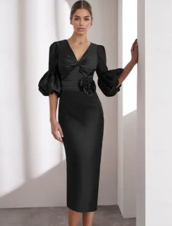 Column Satin Cocktail Dresses Elegant Formal Ankle Length Half Sleeve V Neck Pocket Italy Satin with Glitter Ruched