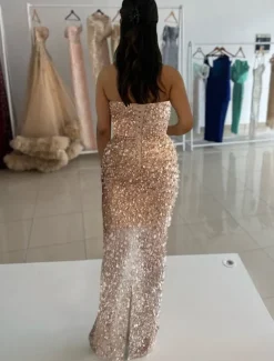 Column Sequined Evening Gown Vintage Dress Carnival Formal Floor Length Sleeveless Sweetheart with Glitter