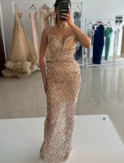 Column Sequined Evening Gown Vintage Dress Carnival Formal Floor Length Sleeveless Sweetheart with Glitter