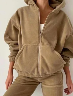 Comfry Fleece Women Pants Sets Sports Outdoor Sport Daily Warm Bishop Sleeve Long Sleeve Hooded Brown Spring Fall