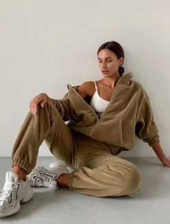 Comfry Fleece Women Pants Sets Sports Outdoor Sport Daily Warm Bishop Sleeve Long Sleeve Hooded Brown Spring Fall