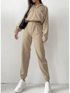 Comfry Fleece Women's Sweatshirt Pants Sets Outdoor Warm Long Sleeve Khaki Spring Fall