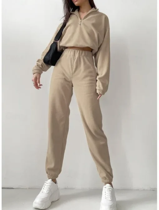 Comfry Fleece Women's Sweatshirt Pants Sets Outdoor Warm Long Sleeve Khaki Spring Fall