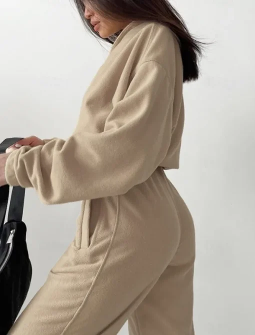 Comfry Fleece Women's Sweatshirt Pants Sets Outdoor Warm Long Sleeve Khaki Spring Fall