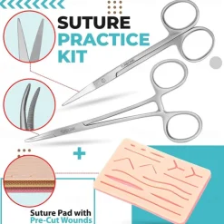 Complete Suture Practice Kit For Suture Training Including Large Silicone Suture Pad With Pre-Cut Wounds And Suture Tool Kit