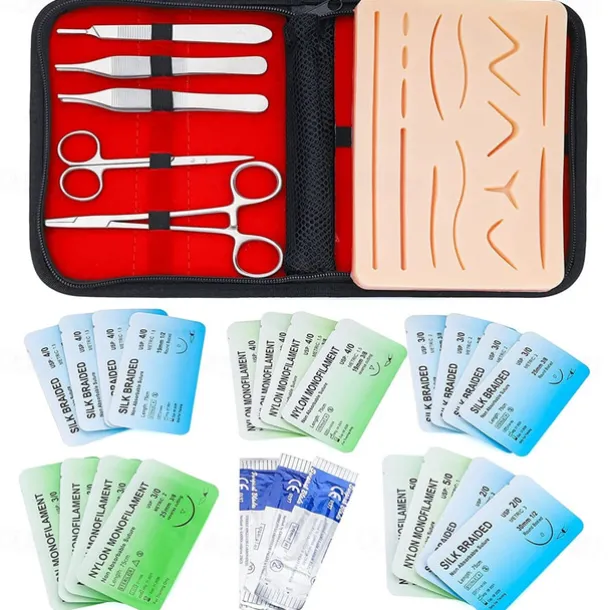 Complete Suture Practice Kit For Suture Training Including Large Silicone Suture Pad With Pre-Cut Wounds And Suture Tool Kit