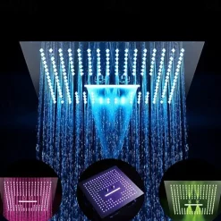 Concealed Rainfall Shower Head 400*400mm LED Light, 16 Inch Ceiling Rainfall Showerhead 304 Stainless Steel, Rain Shower 3 Functions Led Showerhead Square Spa Waterfall Showers Panel