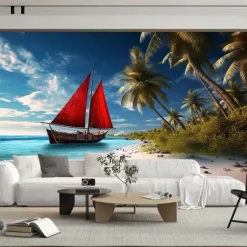 Cool Wallpapers Beach Boat Landscape Wallpaper Wall Mural Roll Sticker Peel Stick Removable PVC/Vinyl Material Self Adhesive/Adhesive Required Wall Decor for Living Room Kitchen Bathroom