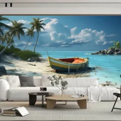 Cool Wallpapers Beach Boat Landscape Wallpaper Wall Mural Roll Sticker Peel Stick Removable PVC/Vinyl Material Self Adhesive/Adhesive Required Wall Decor for Living Room Kitchen Bathroom
