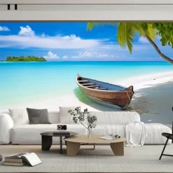 Cool Wallpapers Beach Boat Landscape Wallpaper Wall Mural Roll Sticker Peel Stick Removable PVC/Vinyl Material Self Adhesive/Adhesive Required Wall Decor for Living Room Kitchen Bathroom