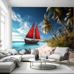 Cool Wallpapers Beach Boat Landscape Wallpaper Wall Mural Roll Sticker Peel Stick Removable PVC/Vinyl Material Self Adhesive/Adhesive Required Wall Decor for Living Room Kitchen Bathroom