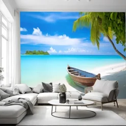 Cool Wallpapers Beach Boat Landscape Wallpaper Wall Mural Roll Sticker Peel Stick Removable PVC/Vinyl Material Self Adhesive/Adhesive Required Wall Decor for Living Room Kitchen Bathroom