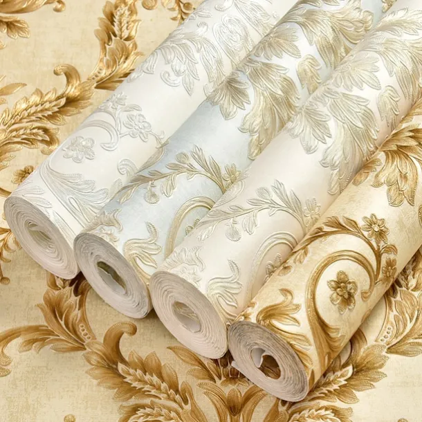 Cool Wallpapers Flower Wallpaper 3D Damask Wall Mural Wall Cover Sticker Film Peel and Stick Removable Self Adhesive Embossed European Damascus Non Woven Home Decoration 300x53cm/118.11''x20.87''