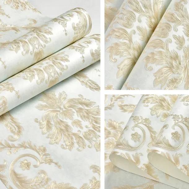 Cool Wallpapers Flower Wallpaper 3D Damask Wall Mural Wall Cover Sticker Film Peel and Stick Removable Self Adhesive Embossed European Damascus Non Woven Home Decoration 300x53cm/118.11''x20.87''