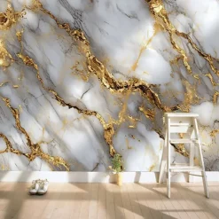 Cool Wallpapers White Gold Marble Wallpaper Wall Mural Wall Covering Sticker Peel and Stick Removable PVC/Vinyl Material Self Adhesive/Adhesive Required Wall Decor for Living Room Kitchen Bathroom