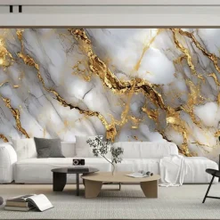 Cool Wallpapers White Gold Marble Wallpaper Wall Mural Wall Covering Sticker Peel and Stick Removable PVC/Vinyl Material Self Adhesive/Adhesive Required Wall Decor for Living Room Kitchen Bathroom