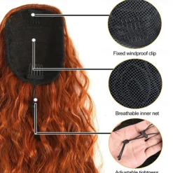 Copper Red Curly Wavy Drawstring Ponytail Extension for Black WomenSynthetic Long Wavy 28inch Curly Ponytail Extension Ginger Orange Ponytail Extension Clip in Wavy Ponytail Extension 30C