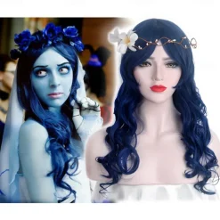 Corpse Bride Anime Cosplay Wigs Long Wave Dark Blue Synthetic Hair Wig Halloween Wigs