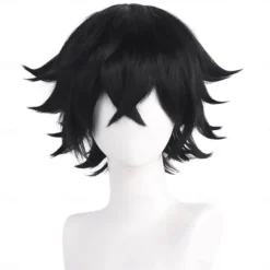 Cosplay Costume Wig Bouncy Curl Natural Wave Short Bob Neat Bang With Bangs Machine Made Wig Short Natural Black #1B Synthetic Hair Men's Classic Comfortable Black