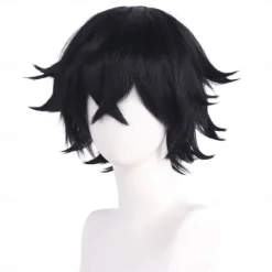Cosplay Costume Wig Bouncy Curl Natural Wave Short Bob Neat Bang With Bangs Machine Made Wig Short Natural Black #1B Synthetic Hair Men's Classic Comfortable Black