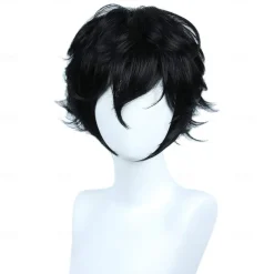 Cosplay Costume Wig Synthetic Wig Loose Curl Asymmetrical Wig Short Natural Black Synthetic Hair 10 inch Men's Fluffy Black Halloween Wigs