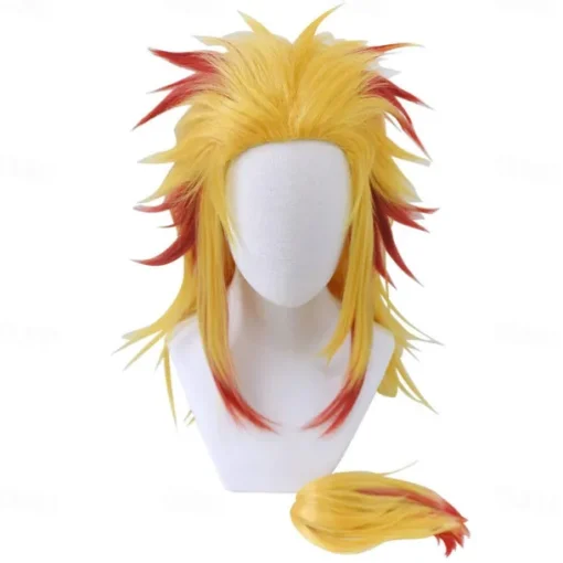 Cosrea Anime Rengoku Kyoujurou Cosplay Wig with Ponytail Yellow Red Wigs for Women Men Halloween Wigs
