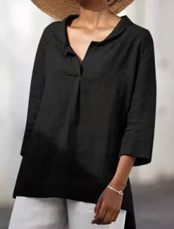Cotton Linen Shirts Linen Shirt Button Up Long Cotton Top Women's Black White Orange Solid Color Sexy Street Daily Fashion V Neck Cotton Linen Regular Fit S
