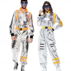 Couples Astronaut Costume Jumpsuit Carnival Costume Onesie with Mask Group Costumes Silver Space Suit for Men Women with Embroidered Patches