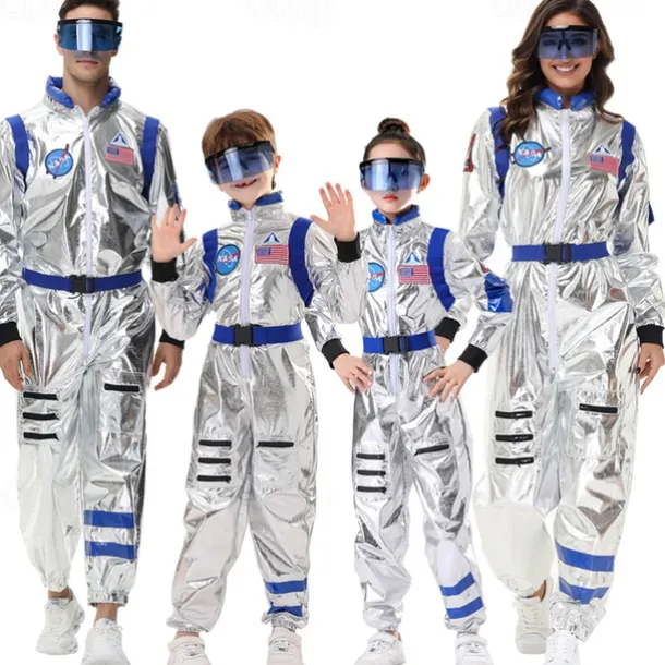 Couples Astronaut Costume Jumpsuit Carnival Costume Onesie with Mask Group Costumes Silver Space Suit for Men Women with Embroidered Patches