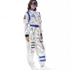 Couples Astronaut Costume Jumpsuit Carnival Costume Onesie with Mask Group Costumes Silver Space Suit for Men Women with Embroidered Patches