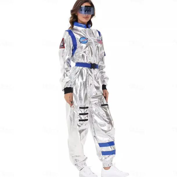 Couples Astronaut Costume Jumpsuit Carnival Costume Onesie with Mask Group Costumes Silver Space Suit for Men Women with Embroidered Patches