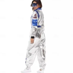 Couples Astronaut Costume Jumpsuit Carnival Costume Onesie with Mask Group Costumes Silver Space Suit for Men Women with Embroidered Patches