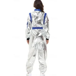 Couples Astronaut Costume Jumpsuit Carnival Costume Onesie with Mask Group Costumes Silver Space Suit for Men Women with Embroidered Patches