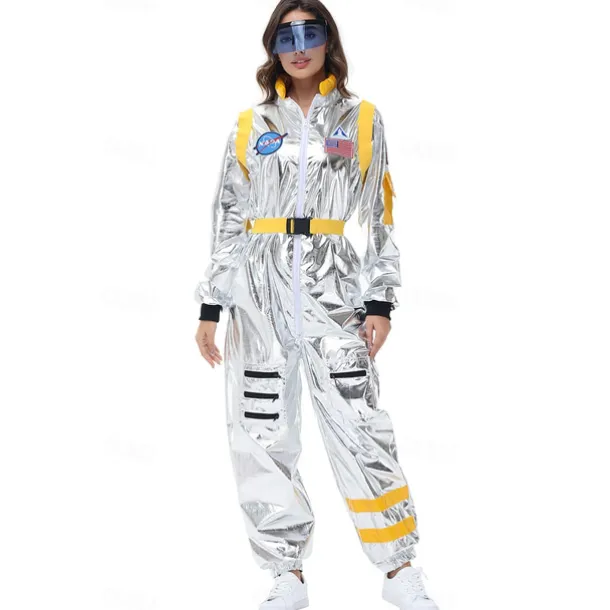 Couples Astronaut Costume Jumpsuit Carnival Costume Onesie with Mask Group Costumes Silver Space Suit for Men Women with Embroidered Patches