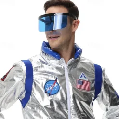 Couples Astronaut Costume Jumpsuit Carnival Costume Onesie with Mask Group Costumes Silver Space Suit for Men Women with Embroidered Patches