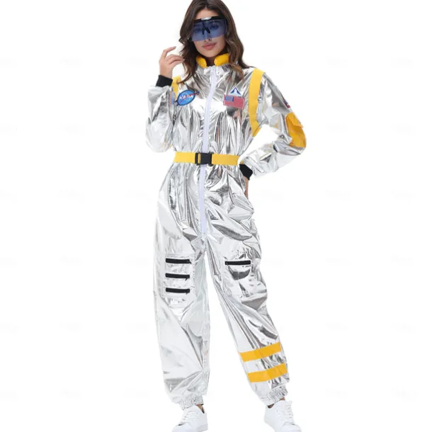 Couples Astronaut Costume Jumpsuit Carnival Costume Onesie with Mask Group Costumes Silver Space Suit for Men Women with Embroidered Patches