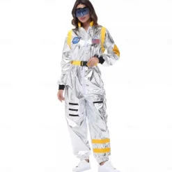 Couples Astronaut Costume Jumpsuit Carnival Costume Onesie with Mask Group Costumes Silver Space Suit for Men Women with Embroidered Patches
