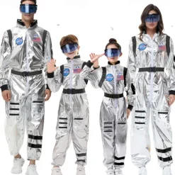 Couples Astronaut Costume Jumpsuit Carnival Costume Onesie with Mask Group Costumes Silver Space Suit for Men Women with Embroidered Patches