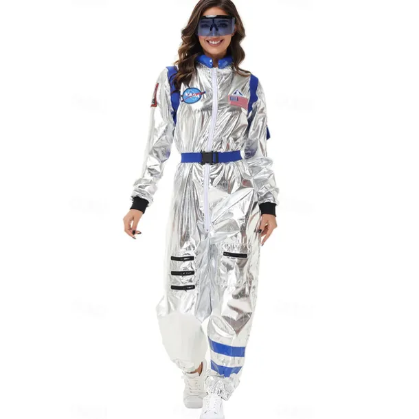 Couples Astronaut Costume Jumpsuit Carnival Costume Onesie with Mask Group Costumes Silver Space Suit for Men Women with Embroidered Patches
