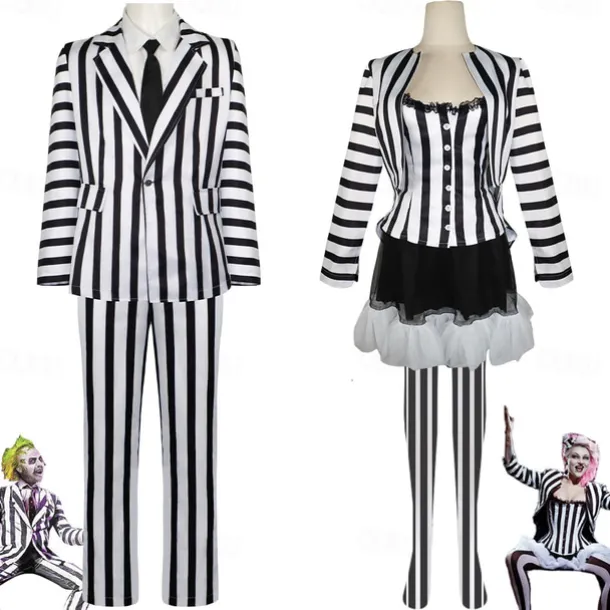 Couples Beetlejuice Beetlejuice Cosplay Costume Outfits Men's Women's Movie Cosplay Cosplay Costume Party Halloween Carnival Masquerade Event / Party Masquerade