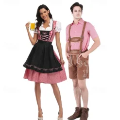 Couples Oktoberfest Beer Costume Blouse Shirt Dirndl Dress Lederhosen Bavarian Couple Oktoberfest Couple German Munich Wiesn Men's Women's Traditional Style Cloth Skirts Top Apron Halloween Carnival