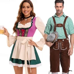 Couples Oktoberfest Beer Costume Dirndl Dress Trachtenkleider Lederhosen Oktoberfest Couple German Munich Wiesn Men's Women's Traditional Style Cloth Halloween Carnival