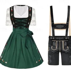 Couples Oktoberfest Beer Costume Dress Dirndl Trachtenkleider Maid Oktoberfest Couple Munich Wiesn Wiesn Men's Women's Traditional Style Cloth Halloween Carnival