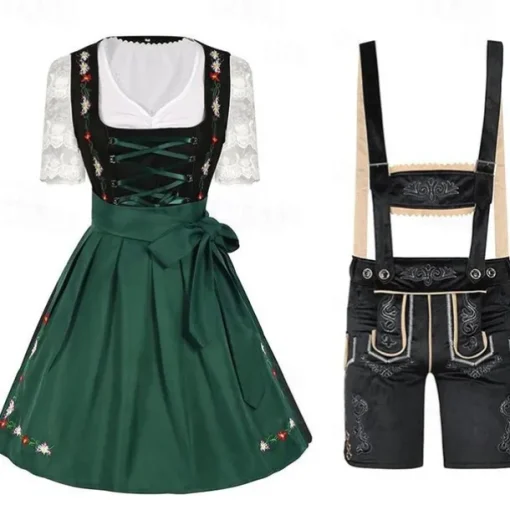 Couples Oktoberfest Beer Costume Dress Dirndl Trachtenkleider Maid Oktoberfest Couple Munich Wiesn Wiesn Men's Women's Traditional Style Cloth Halloween Carnival