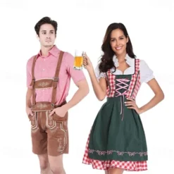 Couples Oktoberfest Beer Costume Blouse Shirt Dirndl Dress Lederhosen Bavarian Couple Oktoberfest Couple German Munich Wiesn Men's Women's Traditional Style Cloth Skirts Top Apron Halloween Carnival