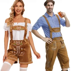 Couples Oktoberfest Beer Costume Blouse Shirt Lederhosen Oktoberfest Couple German Munich Wiesn Men's Women's Traditional Style Cloth Top Shorts Halloween Carnival Party