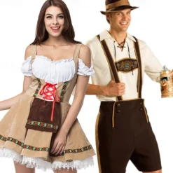 Couples Oktoberfest Beer Costume Dress Dirndl Trachtenkleider Lederhosen Maid Oktoberfest Couple German Munich Wiesn Men's Women's Traditional Style Cloth Halloween Carnival